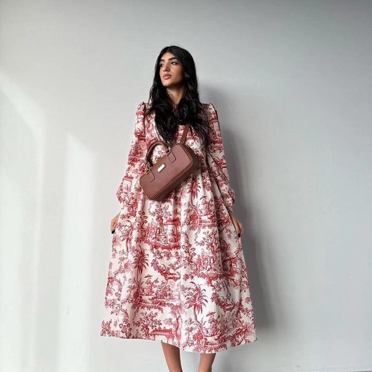 Puff Long Sleeve Buttoned Midi Dress