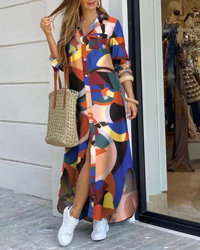 YQY1206 Hot Selling Spring and Summer Fashion Long Sleeve Loose Dress Printed Maxi Dress Ladies Fall Dresses for Women