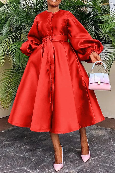 Women Satin Casual Fashion Lantern Sleeve Dress Belted Button a Line Long Dresses Flowy Maxi Dress