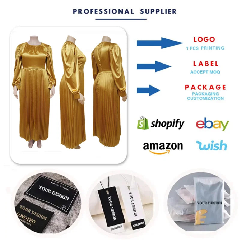 N7729 Best Selling Plus Size Womens Dresses Solid Color O-Neck Long Sleeve A-line Maxi Dress Ladies Pleated Dress