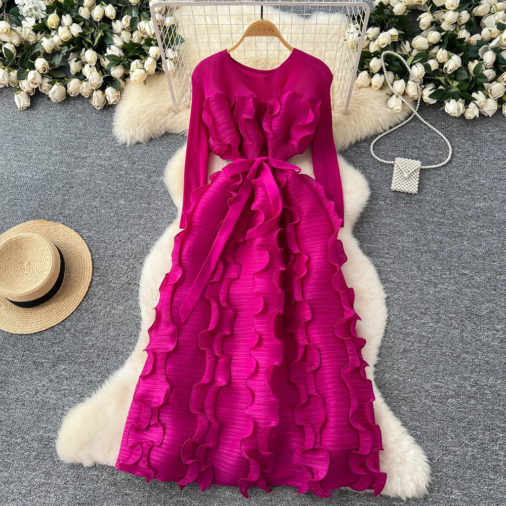 Spring Elegant O-Neck Tunic Slim Bandage Pleated Midi Dress For Women Empire 3D Lace Dress
