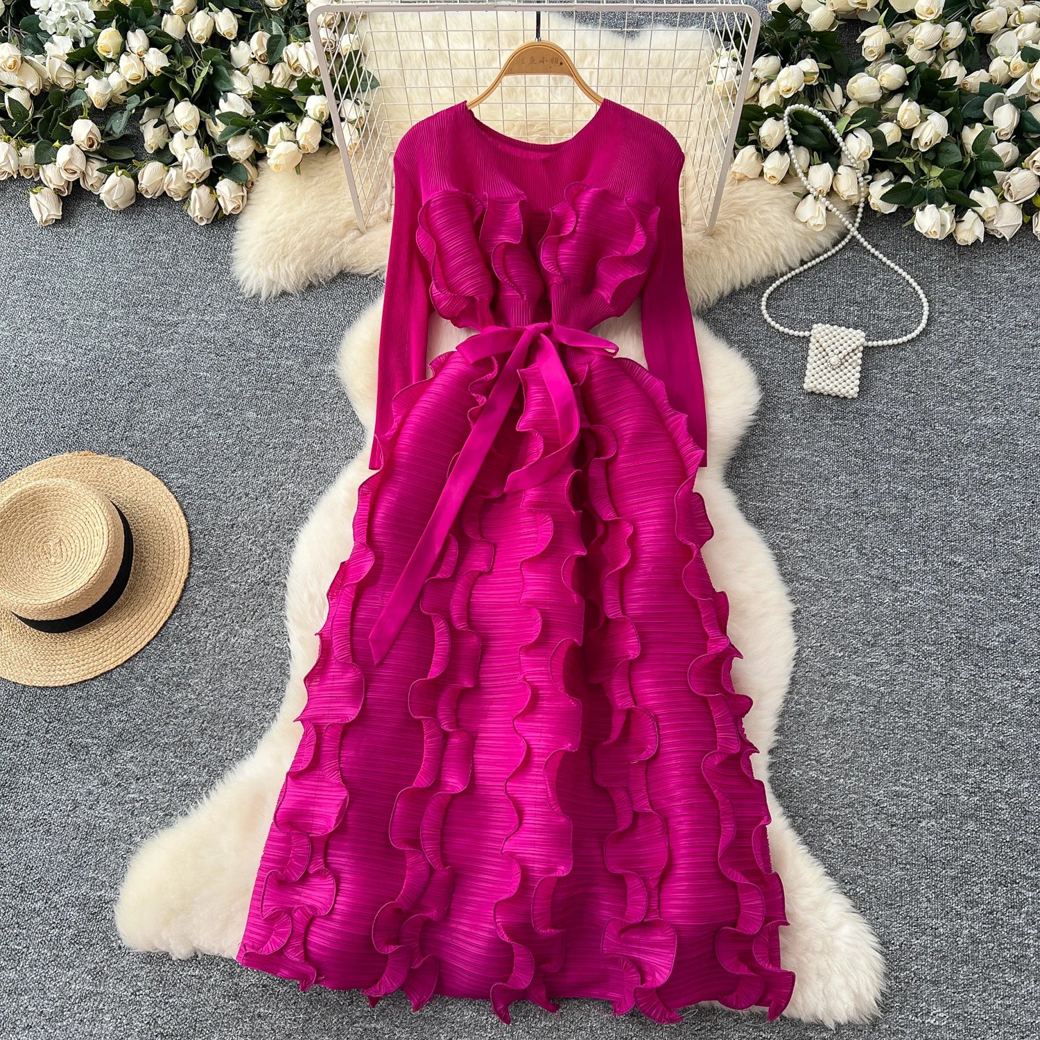Spring Elegant O-Neck Tunic Slim Bandage Pleated Midi Dress For Women Empire 3D Lace Dress