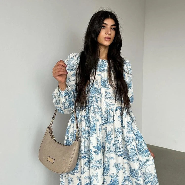 Puff Long Sleeve Buttoned Midi Dress