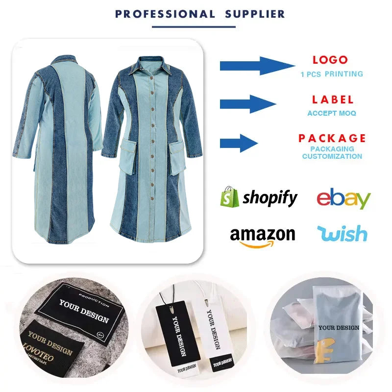 Y218539 Plus Size Jeans Dresses Women Contrast Color Single Breasted Lapel Long Sleeve Denim Dresses for Women Ladies Maxi Dress