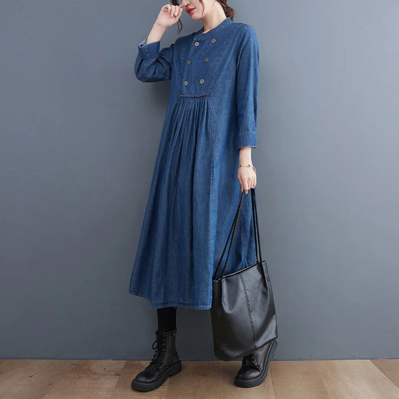2024 Autumn New Women Dress Fashion Casual Long Loose Waist O-neck Long Sleeve Large Size Loose Double-Breasted Denim Lady Dress