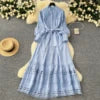 Vintage Tunic Bandage Casual Midi Dress For Women Lantern Sleeve Empire Patchwork Hollow Out Lace Dress