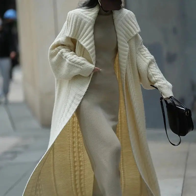 Cable Knit Turndown Collar Longline Sweater Coat