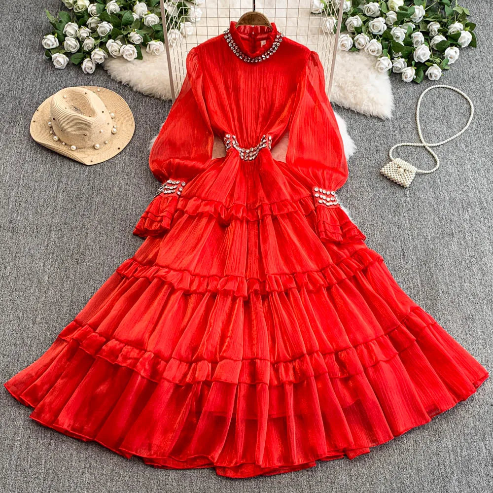 Summer Sweet Stand Collar Ruffle Midi Dress For Women Empire Diamonds Lace Vestidos
