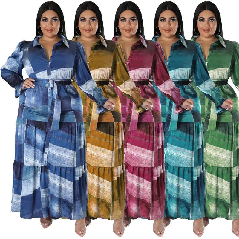 Y218285 High Quality Plus Size Long Dresses Women Casual Long Sleeve Turn-down Colar Printed Maxi Dress Ladies Dress