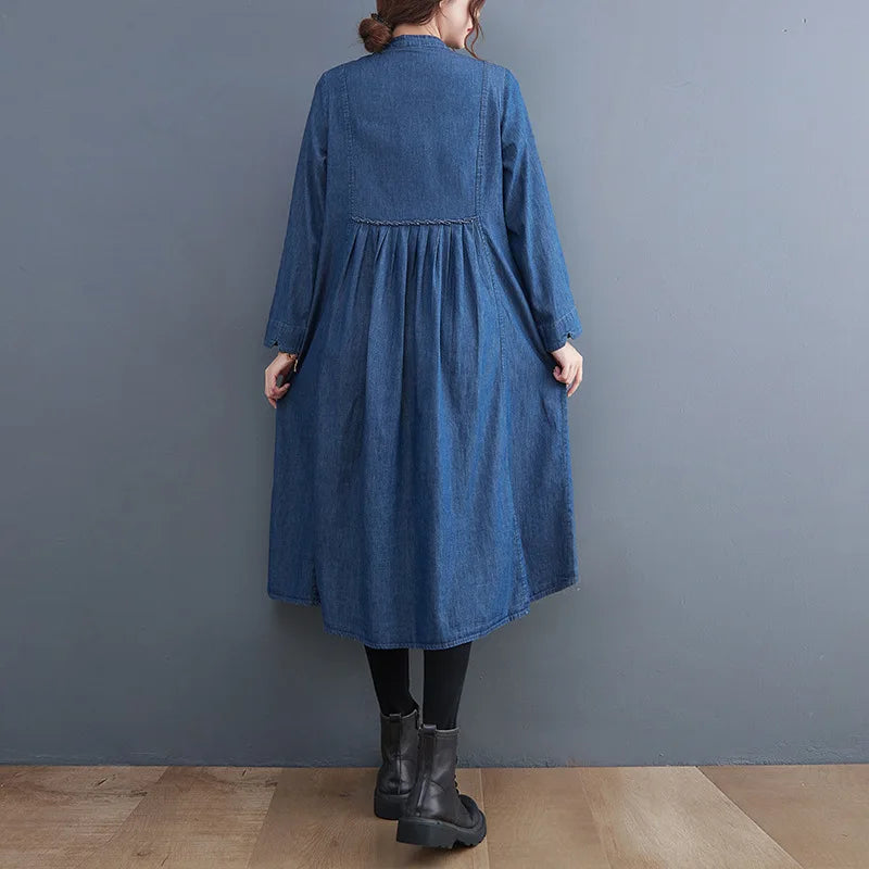 2024 Autumn New Women Dress Fashion Casual Long Loose Waist O-neck Long Sleeve Large Size Loose Double-Breasted Denim Lady Dress