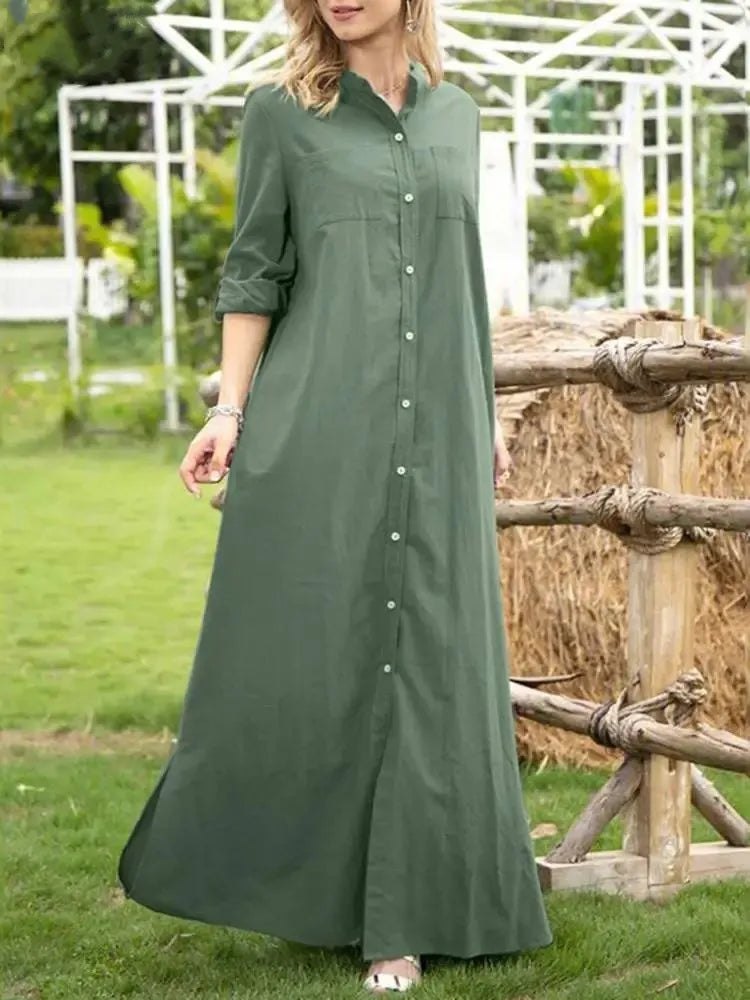 Women Dress 2025 Plain Color Stand Neck Long Sleeve Dresses Women Casual Oversized Loose Maxi Dress Ladies Women Plus Size