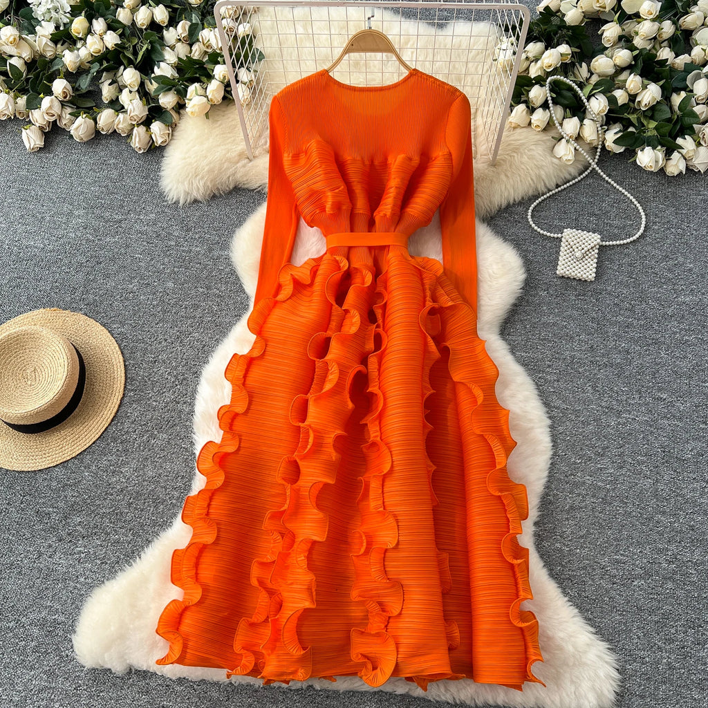 Spring Elegant O-Neck Tunic Slim Bandage Pleated Midi Dress For Women Empire 3D Lace Dress