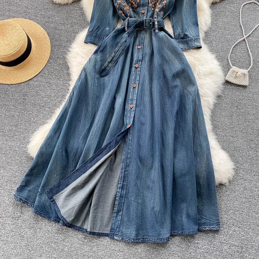 Long Sleeve O-Neck Solid A-Line Dress Autumn Embroidery Denim High Waist Maxi Dress Ladies Casual Dress Clothes Women Wholesale