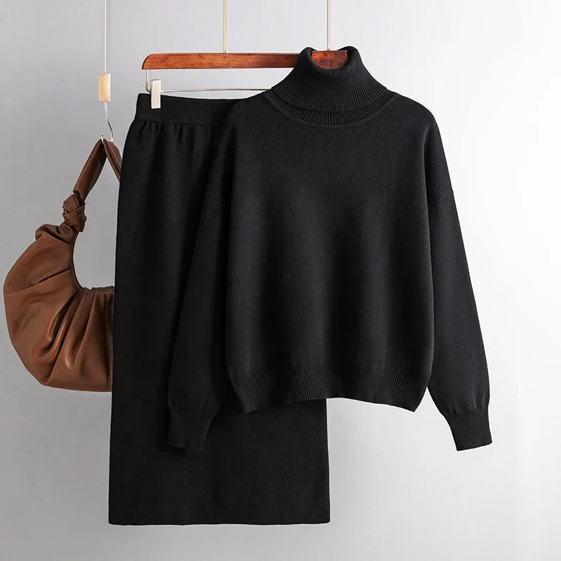 Fashion Two Piece Set Autumn and Winter New Knitted Set for Ladies Outer Wear High Collar Sweater Skirt Set Female Wholesale