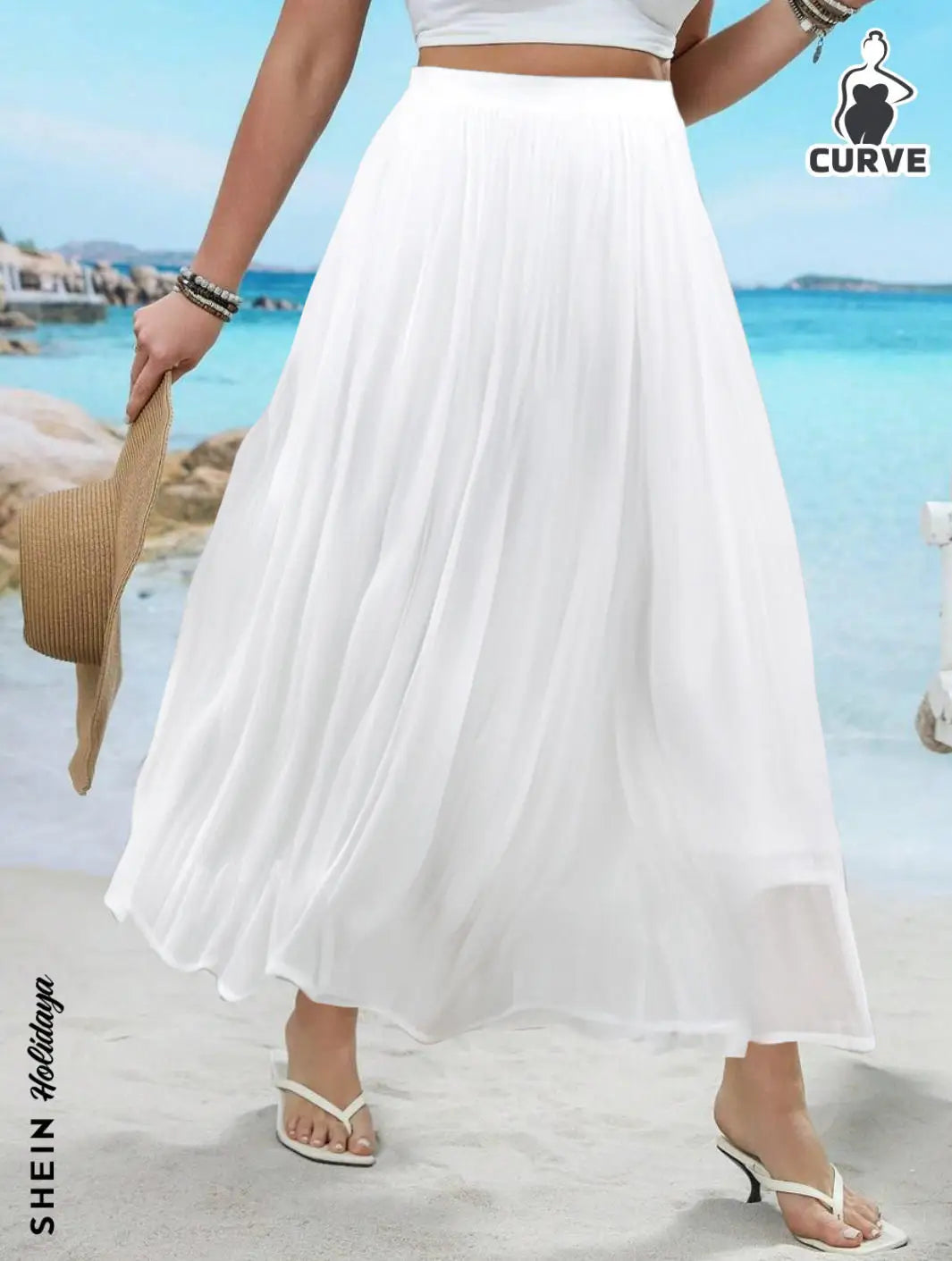White Pleated Flowy Maxi Skirt High Waist Elastic Waist Skirt