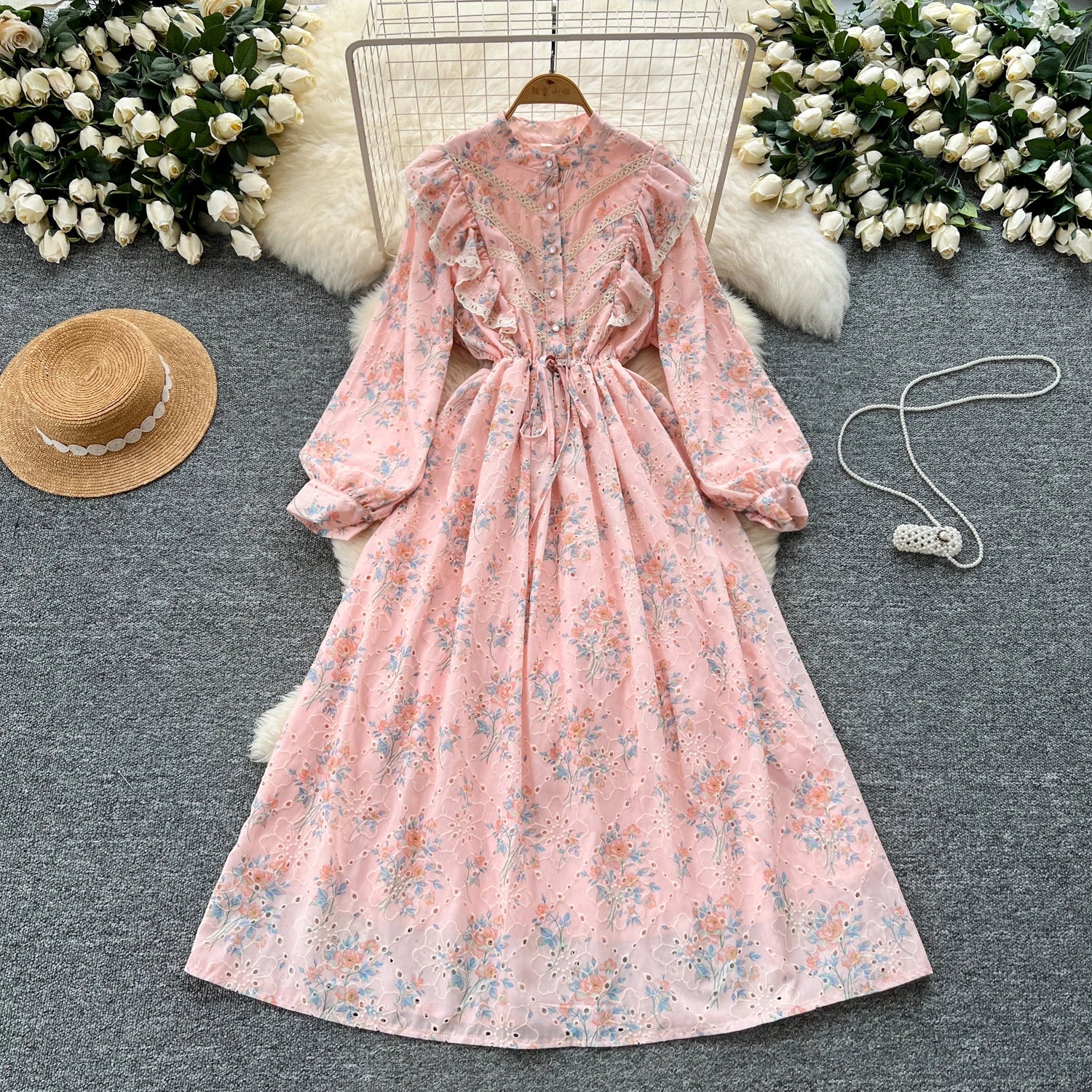 Spring Roman Tunic Casual Midi Dress For Women Empire Floral Hollow Out Lace Dress
