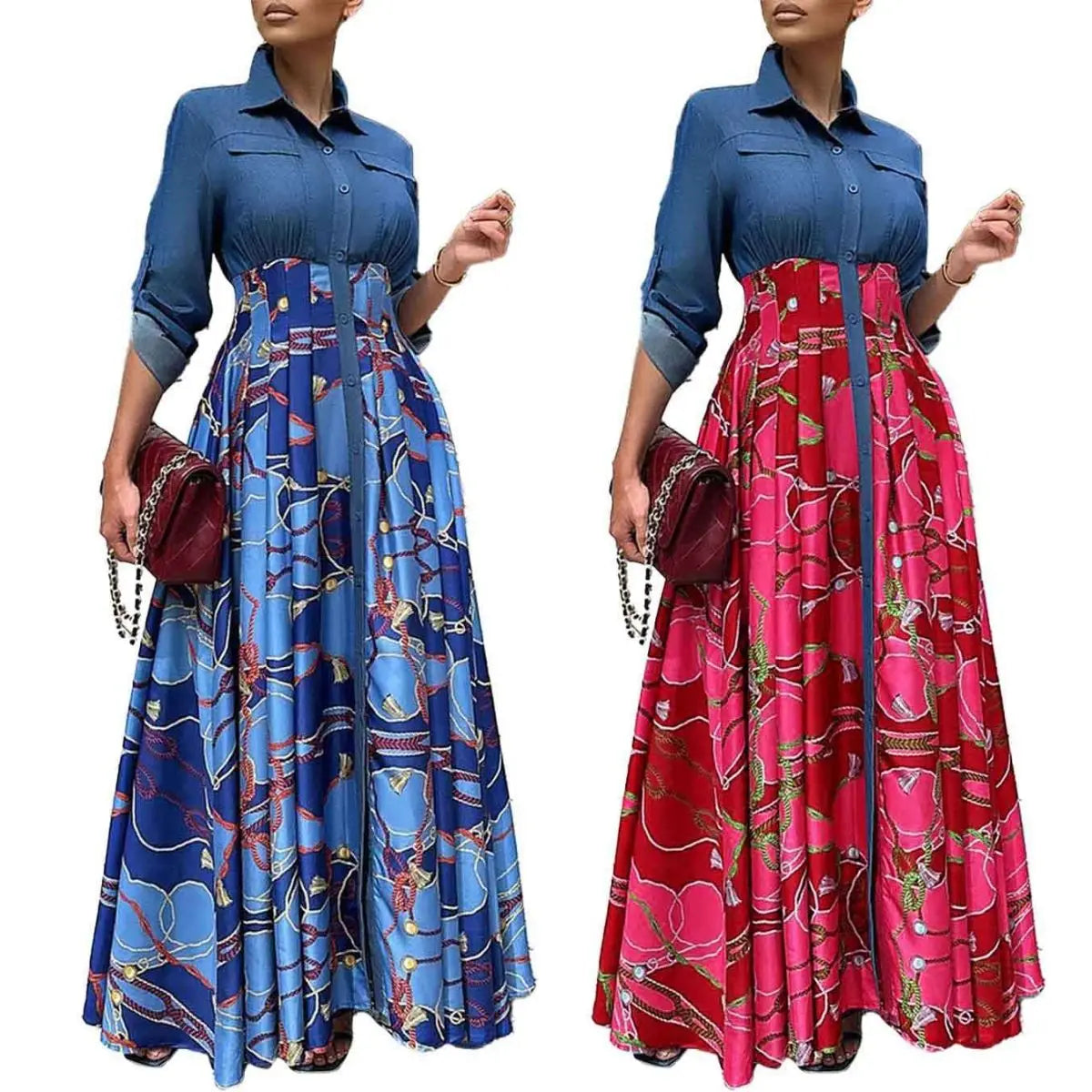 Spring Elegent Denim Collar Patchwork Vintage Patterns High Waist Long Casual Swing Plus Size Flared Shirt Maxi Dress for Women