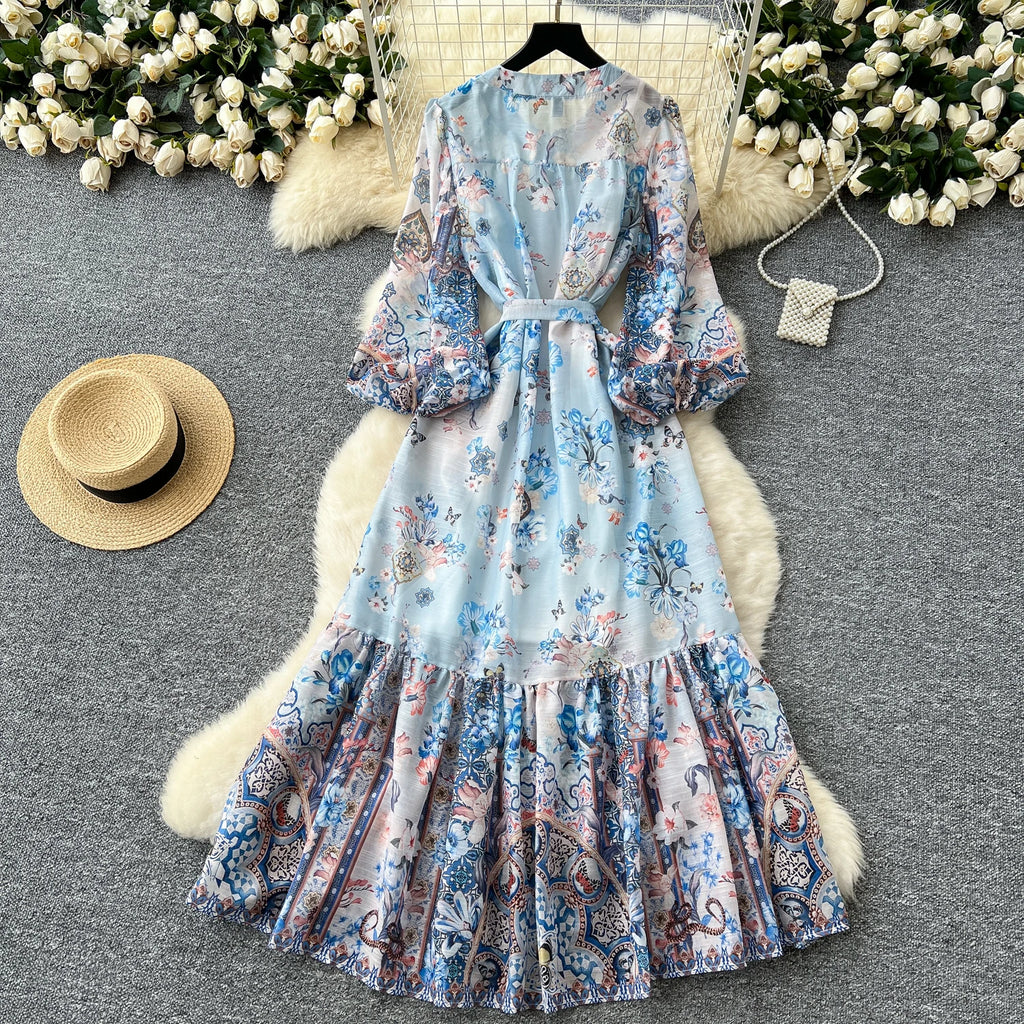 2025 Spring Roman Tunic Slim Bandage Casual Midi Dress For Women Lantern Sleeve Empire Printed Ruffled Lace Dress