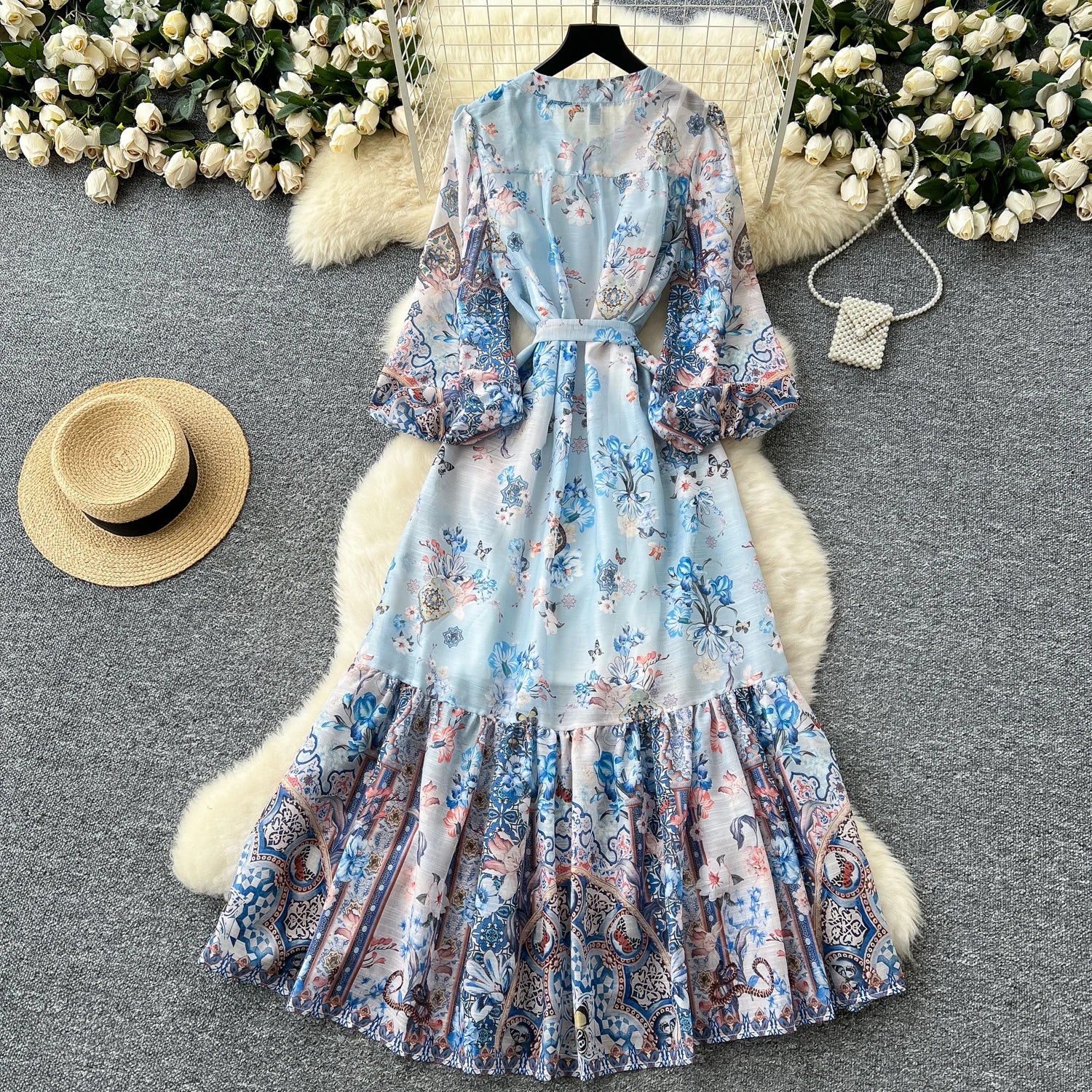 2025 Spring Roman Tunic Slim Bandage Casual Midi Dress For Women Lantern Sleeve Empire Printed Ruffled Lace Dress