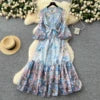2025 Spring Roman Tunic Slim Bandage Casual Midi Dress For Women Lantern Sleeve Empire Printed Ruffled Lace Dress