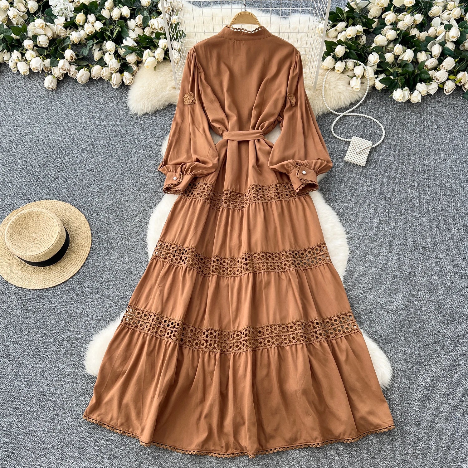 Spring Roman Tunic Casual Midi Dress For Women Empire 3D Patchwork Lace Dress