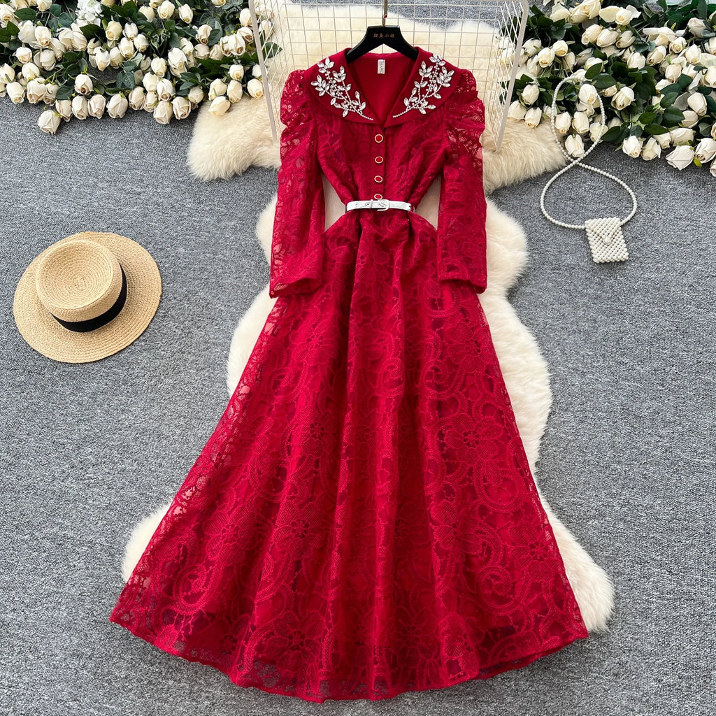 Autumn Casual Maxi Dress Women Lantern Sleeve Empire Hollow Out Ruffled Mesh Dress