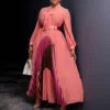 D547 Plus Size Women Party Dresses Women Lace up Long Sleeve Color Blocking Elegant Pleated Maxi Dress for Ladies