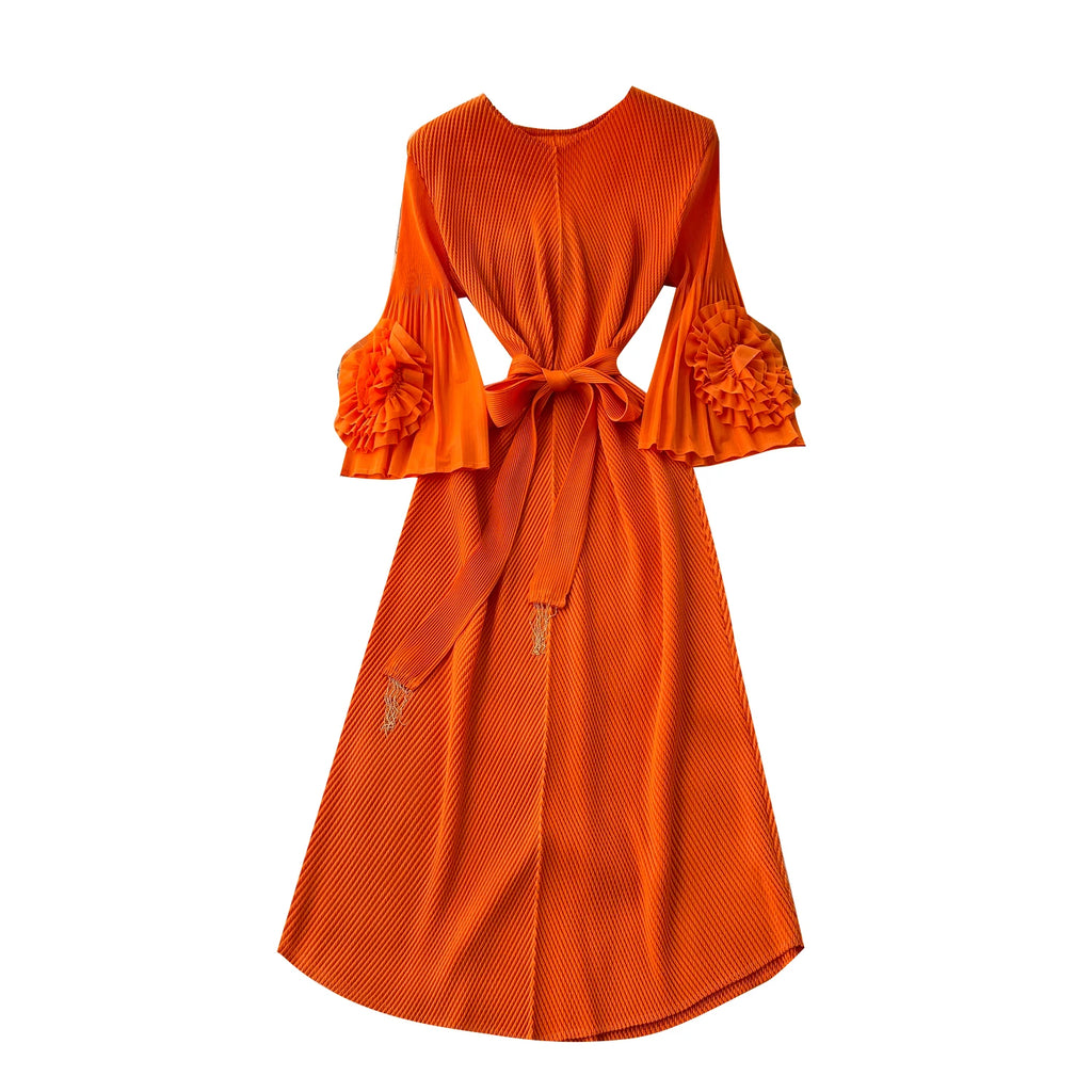 Spring Tunic Bandage Pleated Midi Dress For Women Flare Sleeve Empire 3D Lace Dress