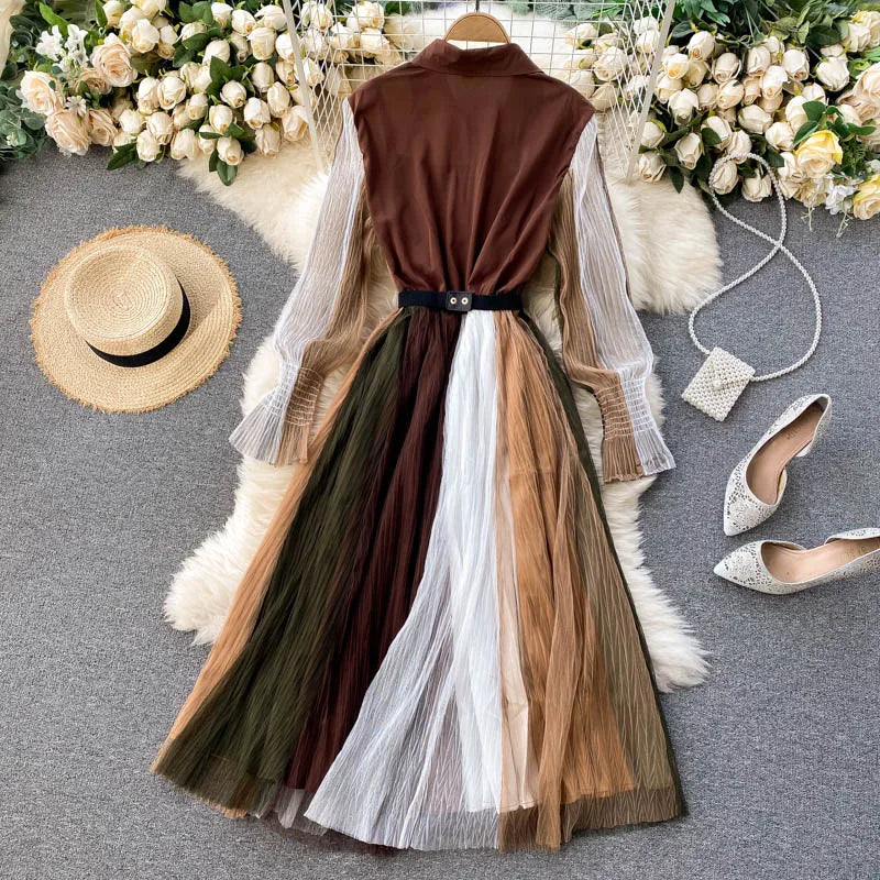 New Arrival Summer Sexy Women's Hit Color Dresses Bohemian Casual Slim A-Line Beach Maxi Dress Mesh Vestidos With Belt
