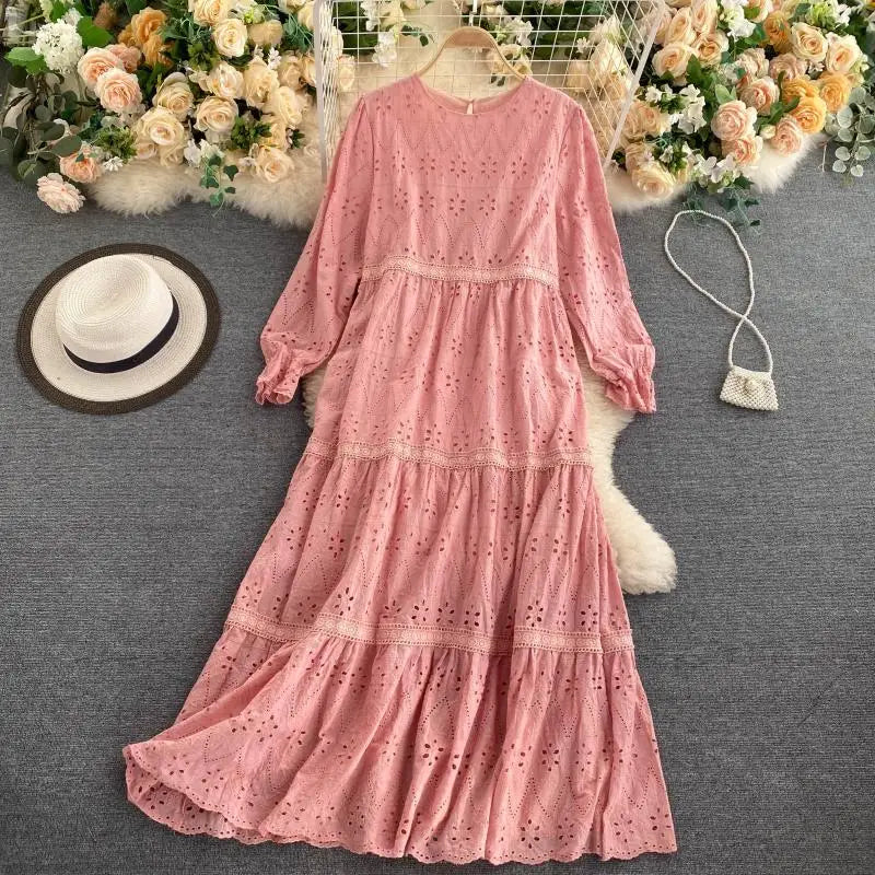 Long Sleeve O-Neck Solid A-Line Dress Autumn Hollow Out High Waist Midi Dress Ladies Casual Dress Clothes Women Wholesale