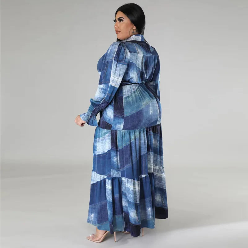 Y218285 High Quality Plus Size Long Dresses Women Casual Long Sleeve Turn-down Colar Printed Maxi Dress Ladies Dress