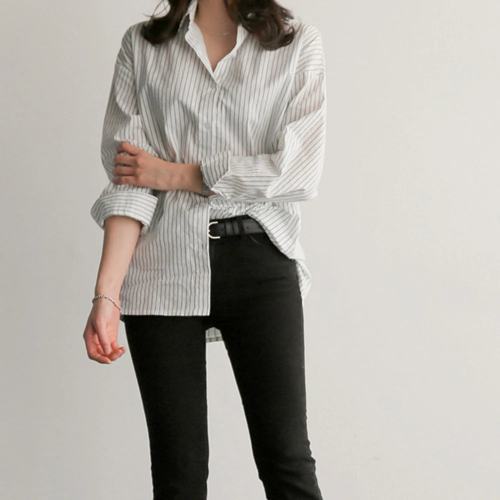 Women Spring and Autumn Cotton Striped Blouse Shirts Loose Casual Long Sleeve Women Shirt Lapel V-neck Button Casual Shirt
