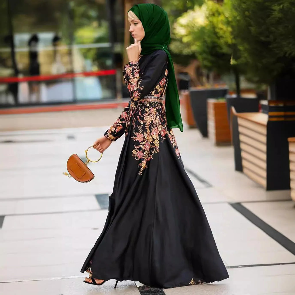 M255# Winter Adults Muslim Women's Black Floral Maxi Dress Polyester Abaya Middle East Long Dress Positioning Flower Design