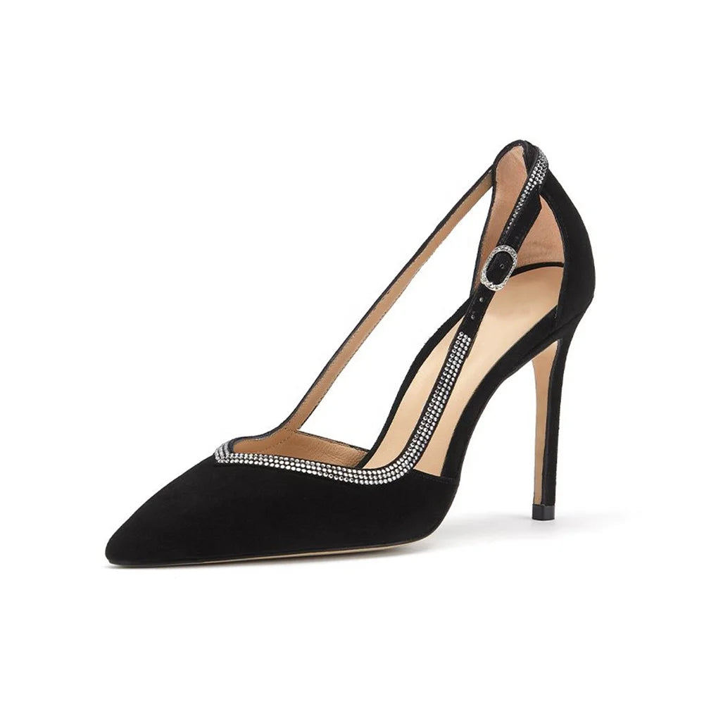 Black Luxury Rhinestone Women High Heels Pointed Toe Side CutoutStiletto Pumps Versatile Elegant Ladies Shoes