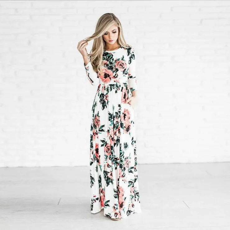2025 Summer Women Elegant Floral Print Maxi Dress White Beach Women Evening Party Long Dress Plus Size Women Casual Dresses