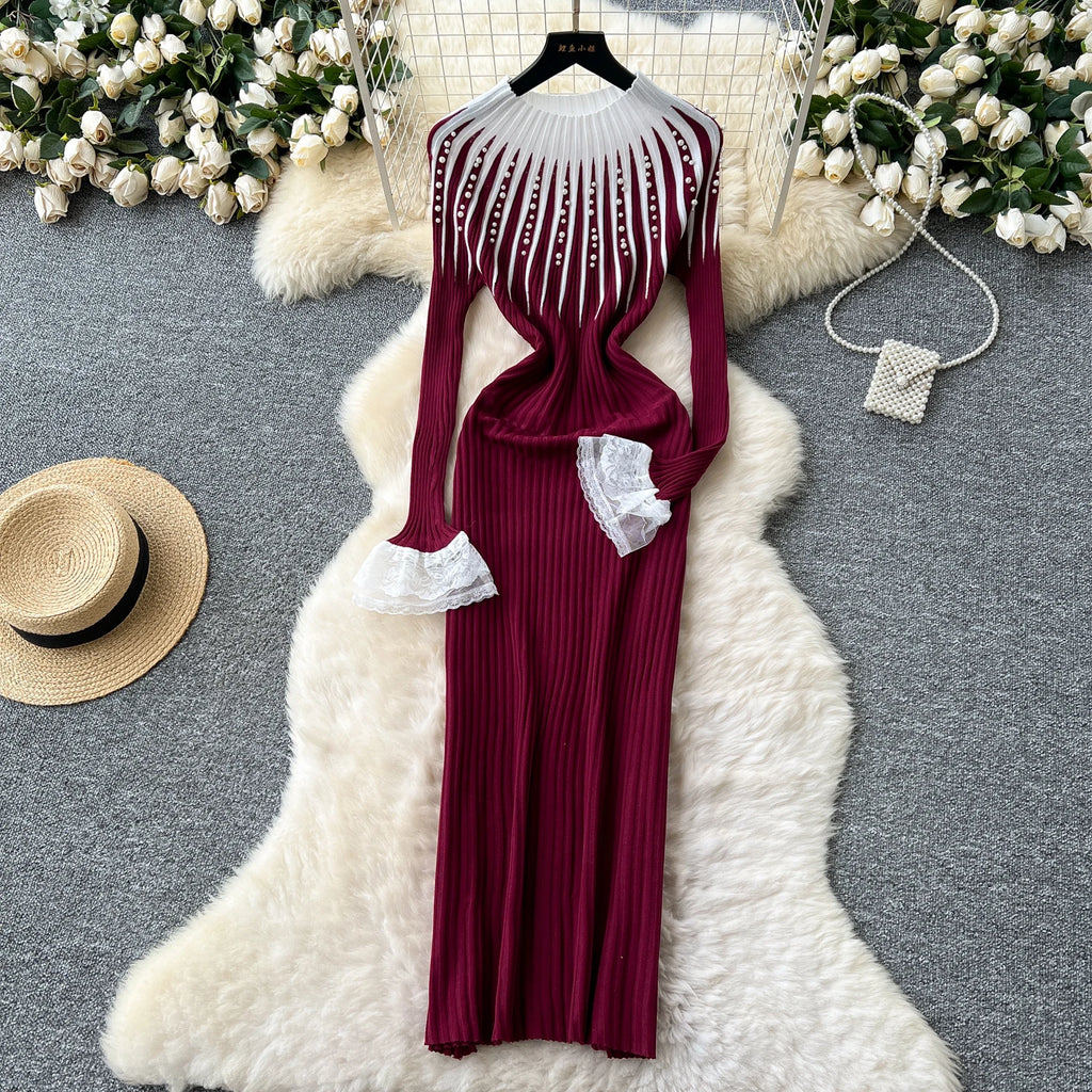 Spring Roman Slim Casual Midi Dress For Women Empire Patchwork Contrast Color Beaded Lace Dress