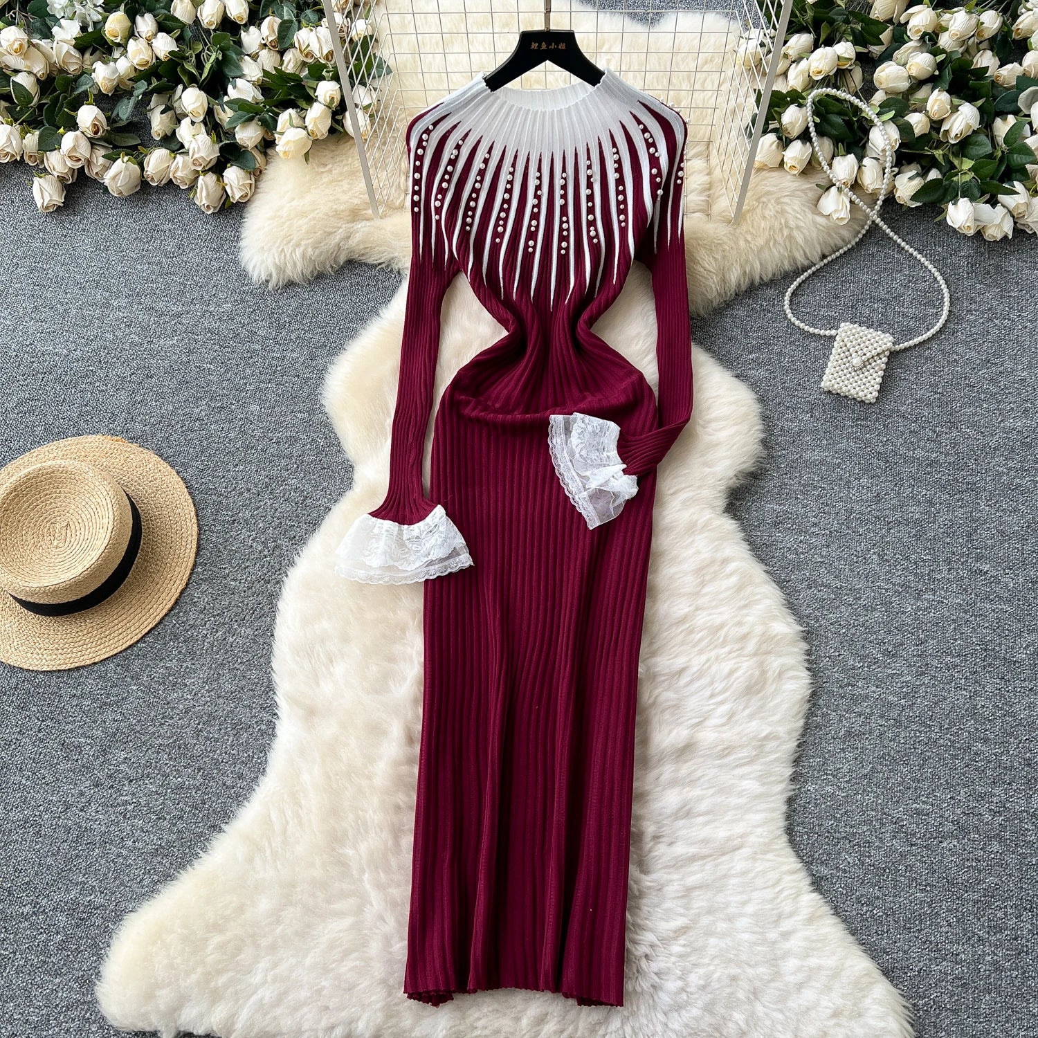 Spring Roman Slim Casual Midi Dress For Women Empire Patchwork Contrast Color Beaded Lace Dress