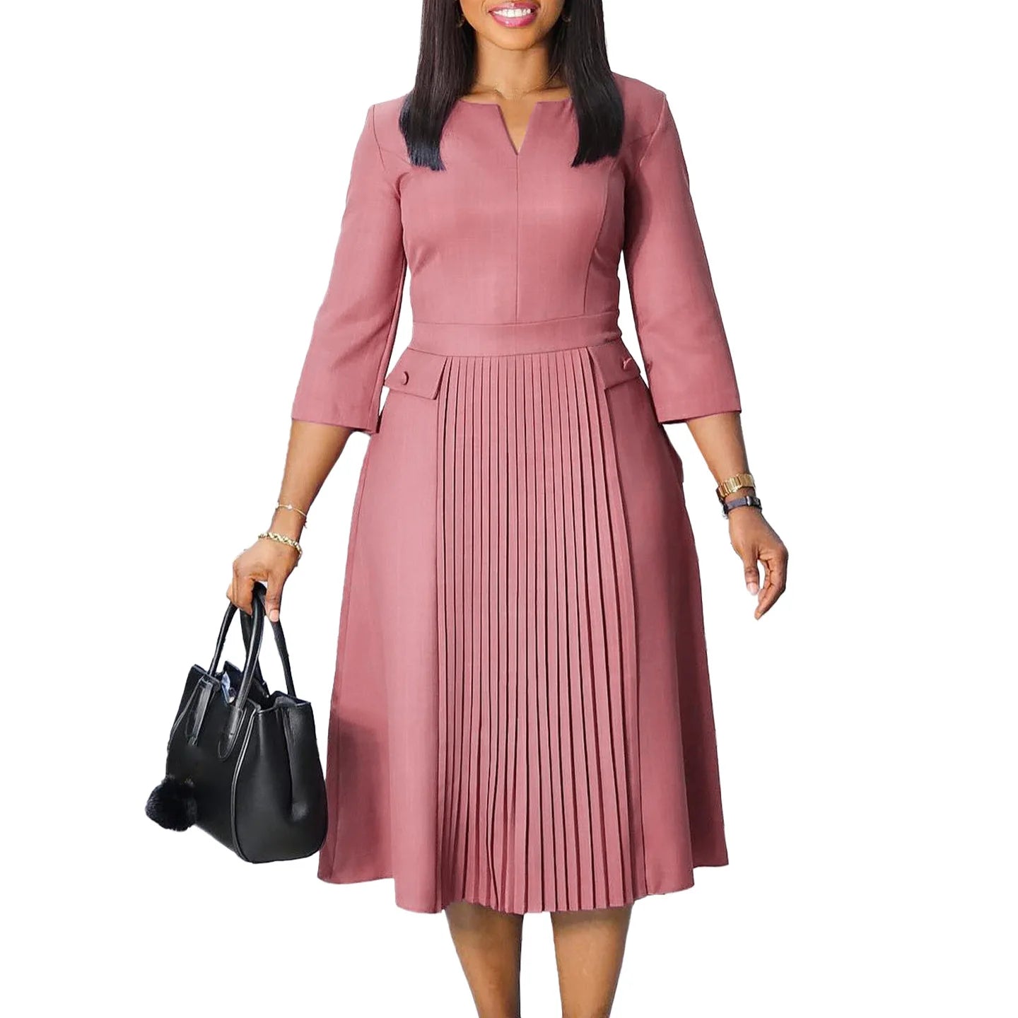 Elegant Pleated Solid Midi Dress