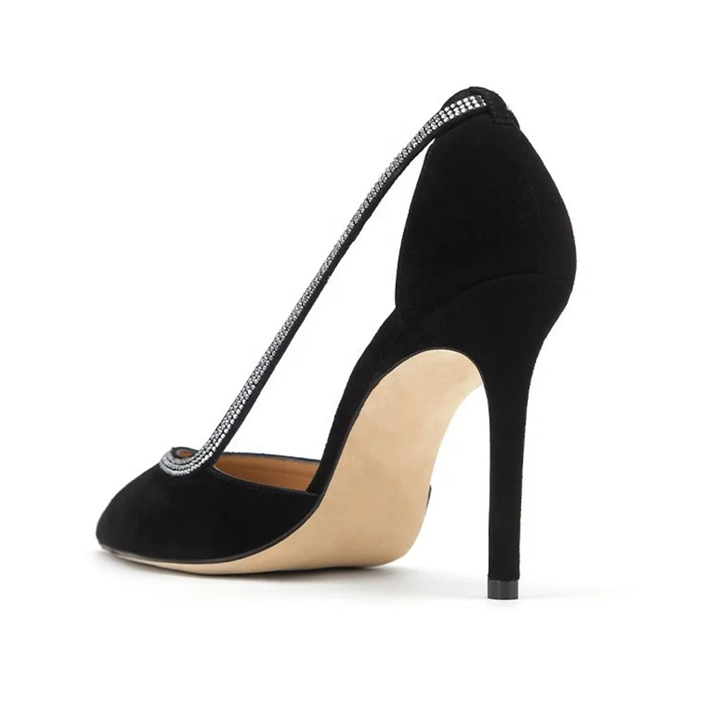 Black Luxury Rhinestone Women High Heels Pointed Toe Side CutoutStiletto Pumps Versatile Elegant Ladies Shoes