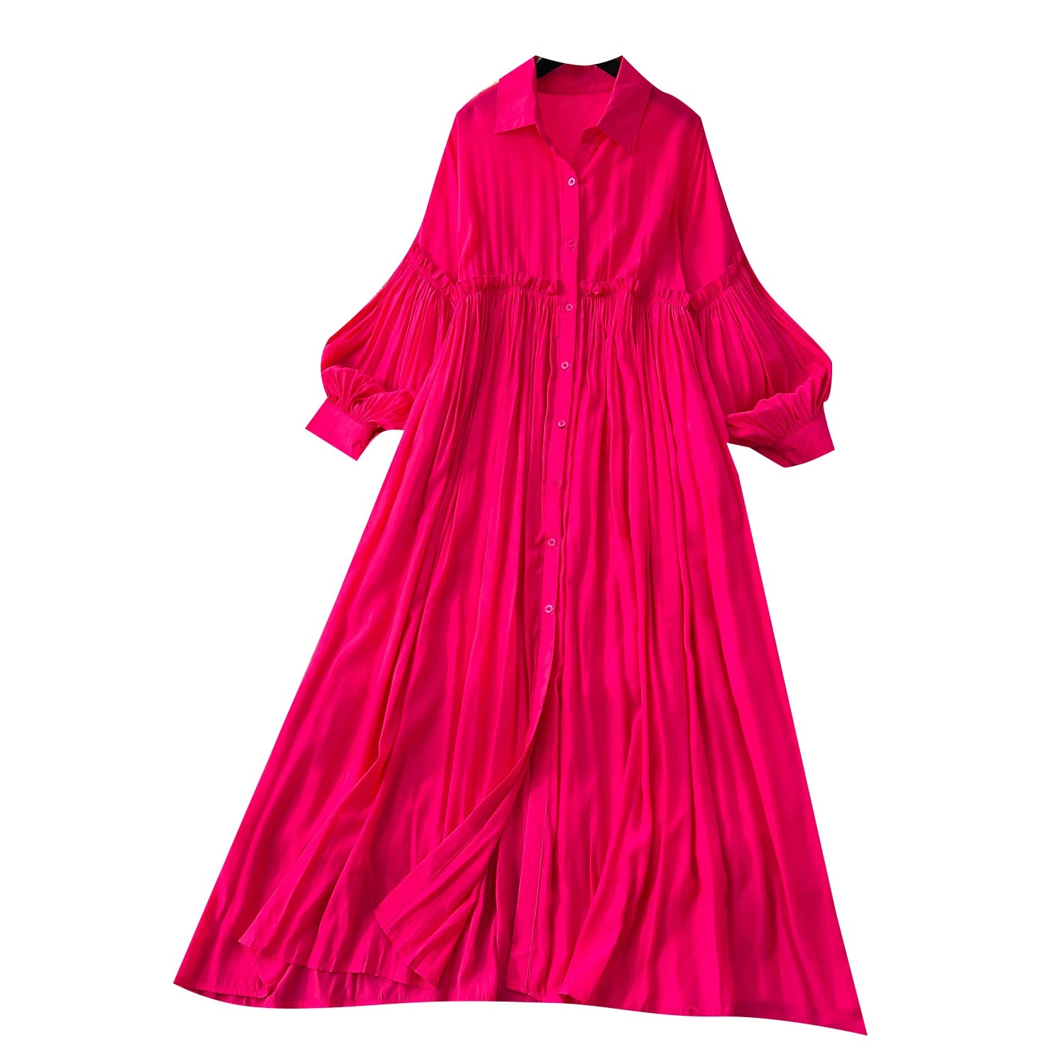 2025 Spring Vintage Slim Shirt Midi Dress For Women Lantern Sleeve Empire Shift Lace Dress