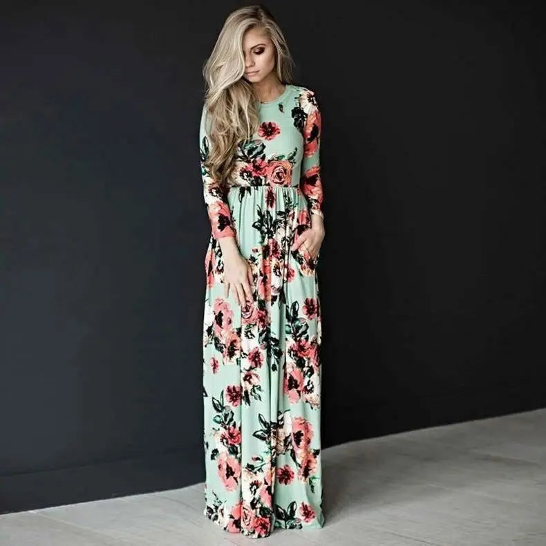 Wholesale Fashion Long Sleeve Women Beach Dress Colorful Stock Floral Long Maxi Women Dress