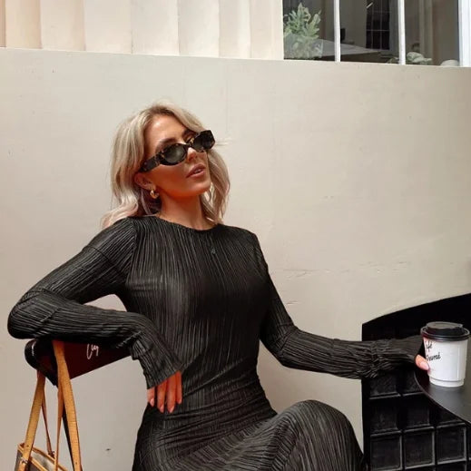 Enyami Spring Collection Plisse Casual Dresses Women Robe Elegance Long Sleeve Pleated Basic Orange Bodycon Maxi Dress