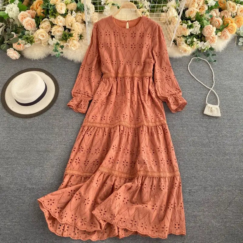 Long Sleeve O-Neck Solid A-Line Dress Autumn Hollow Out High Waist Midi Dress Ladies Casual Dress Clothes Women Wholesale