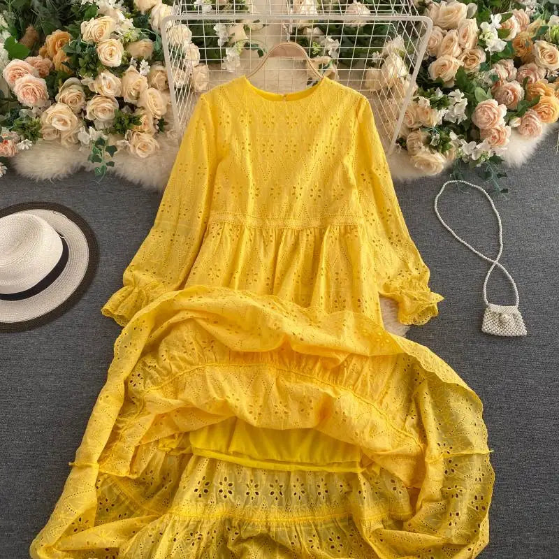Long Sleeve O-Neck Solid A-Line Dress Autumn Hollow Out High Waist Midi Dress Ladies Casual Dress Clothes Women Wholesale