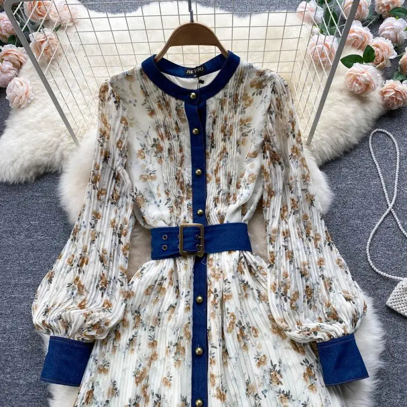 Long Sleeve Stand Collar Print A-Line Dress Vintage Chiffon High Waist Maxi Dress Ladies Casual Dress Clothes Women Wholesale