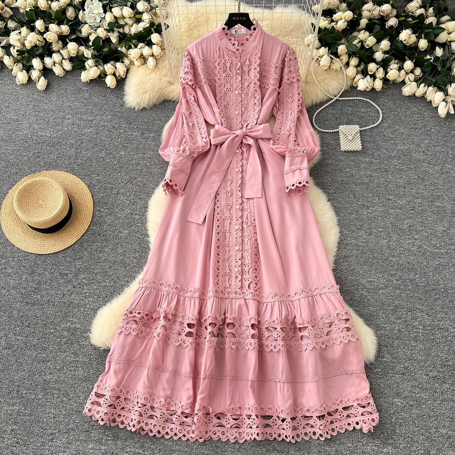 Vintage Tunic Bandage Casual Midi Dress For Women Lantern Sleeve Empire Patchwork Hollow Out Lace Dress
