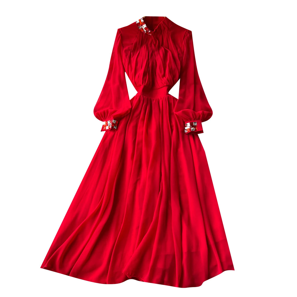 Roman Stand Collar Tunic Slim Pleated Midi Dress For Women Empire Lace Dress