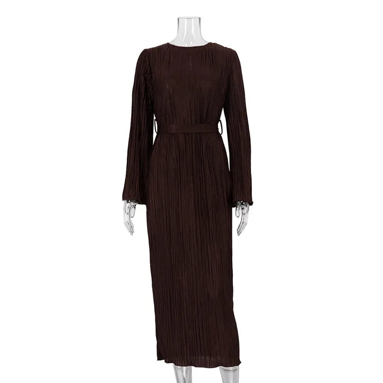 Enyami Boutique Elegance Fall Winter Flare Sleeve Pleated Lace-up Basic Robe Plisse Casual Elegant Chic Women Dress