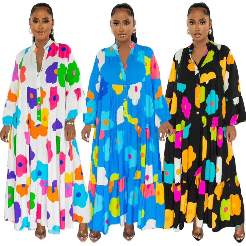 New Arrival Fall Dress Plus Size Floral Print Loose Long Sleeve Maxi Dress for Women