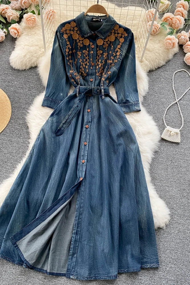 Long Sleeve O-Neck Solid A-Line Dress Autumn Embroidery Denim High Waist Maxi Dress Ladies Casual Dress Clothes Women Wholesale